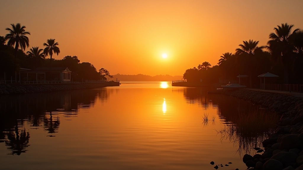 Sunset reflection on calm lagoon water, golden hour