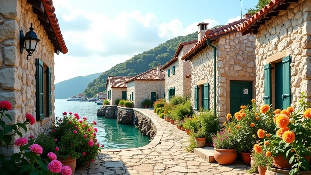 Charming stone cottage with white shutters overlooking lagoon, flowering garden in foreground, village buildings clustered nearby, soft afternoon sunlight