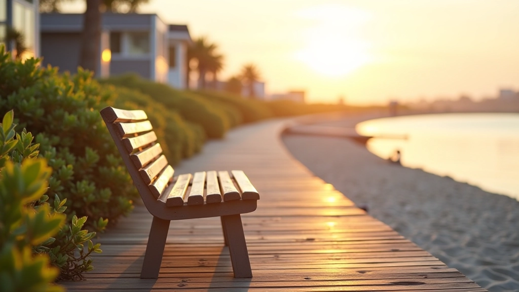 Scenic overlook with wooden bench facing water, golden hour light casting long shadows, peaceful waterfront setting